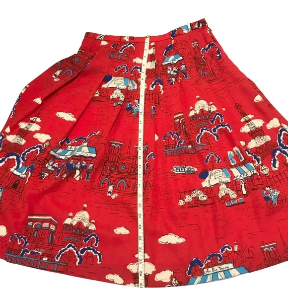 Unique Red Pendleton Print Pleated A-Line Skirt With Drawings of Paris Size 10 - Picture 11 of 14